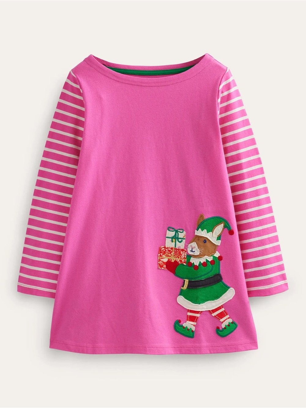 Mini Boden Hot Pink Elf Applique Tunic with Striped Sleeves - 5-6y
